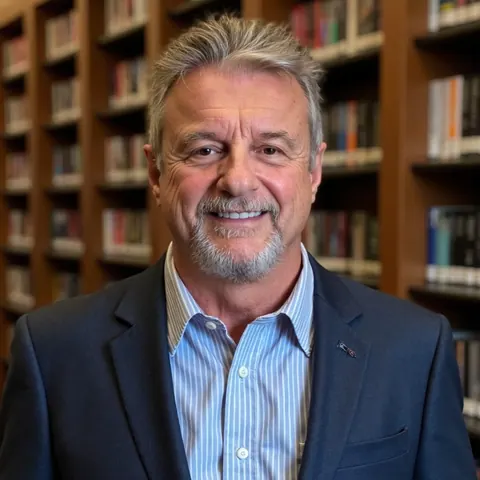 Jeff C. West in front of library bookshelves