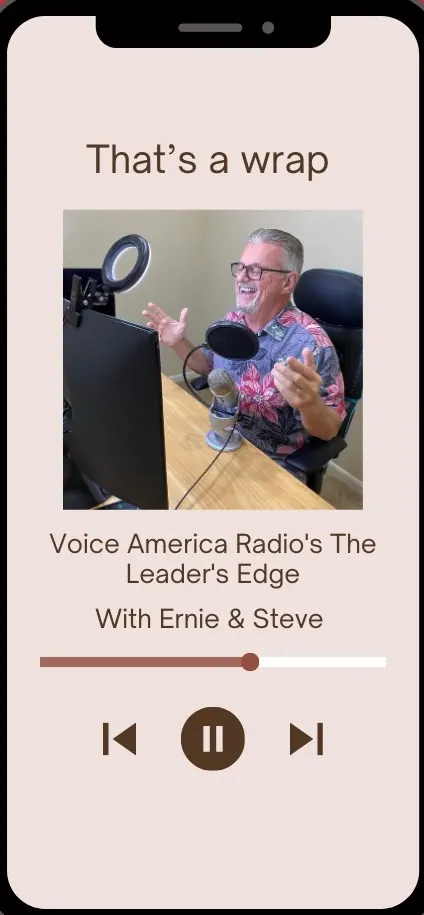 Phone showing Voice America Radio's The Leader's Edge episode with Jeff C. West