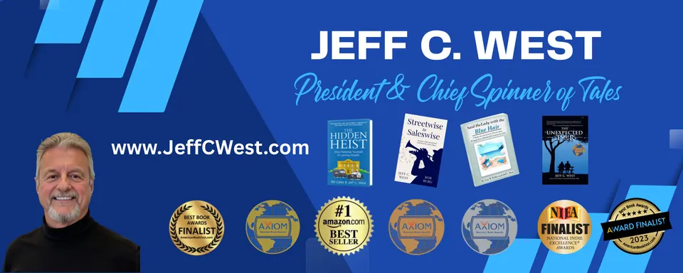 Jeff C. West, President and Chief Spinner of Tales, with his books and award badges