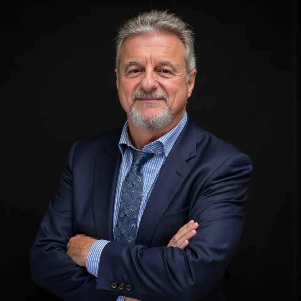 Jeff C. West in a navy suit with arms crossed