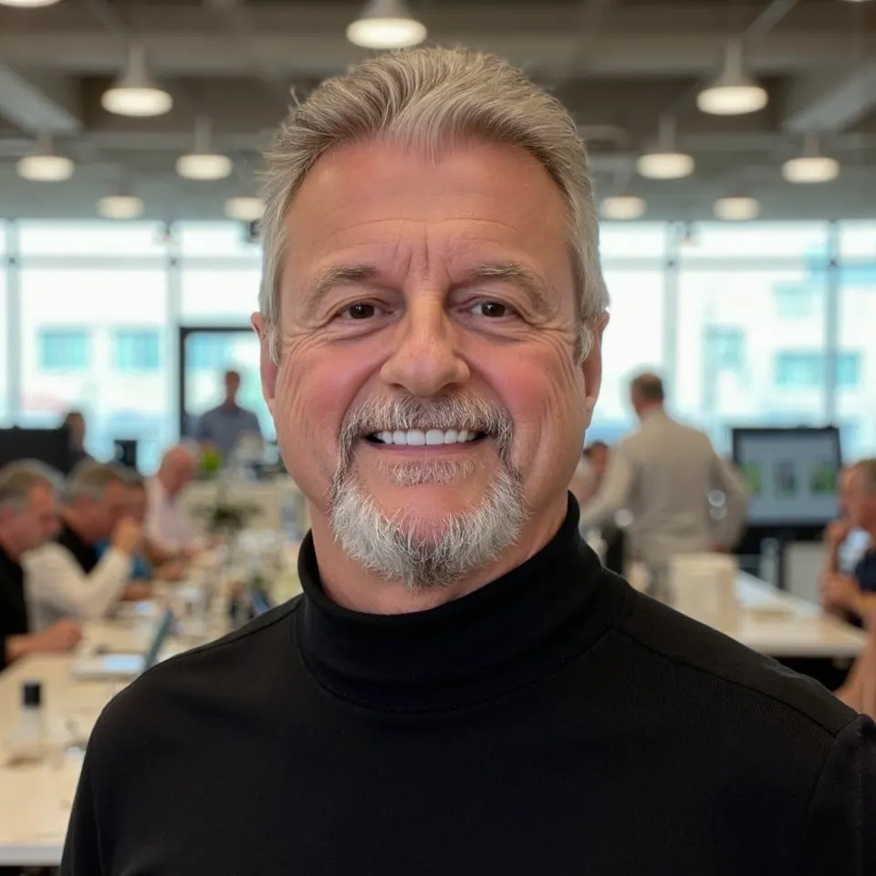 Jeff C. West in a black turtleneck at a sales workshop