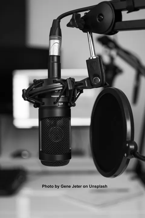 Black and white studio microphone with a pop filter