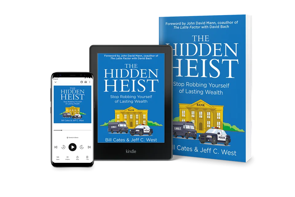 The Hidden Heist on a phone, a Kindle, and in hardcover